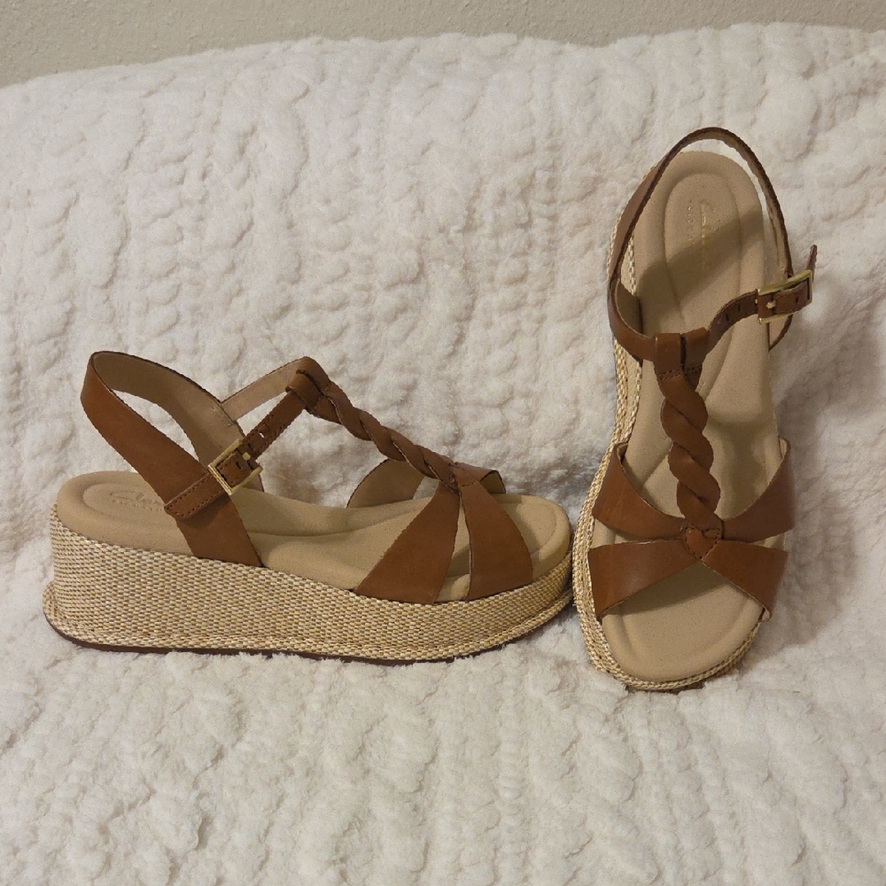 Clarks Tan Braided Strap Platform Sandals